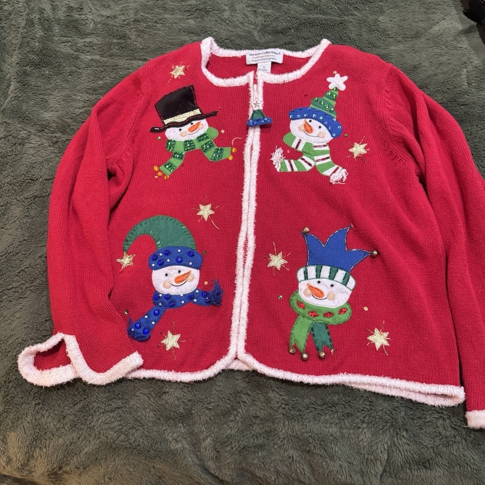 HEIRLOOM COLLECTIBLES Red Holiday Sweater‎ Sz XL CHRISTMAS Snowmen -  Zip Up